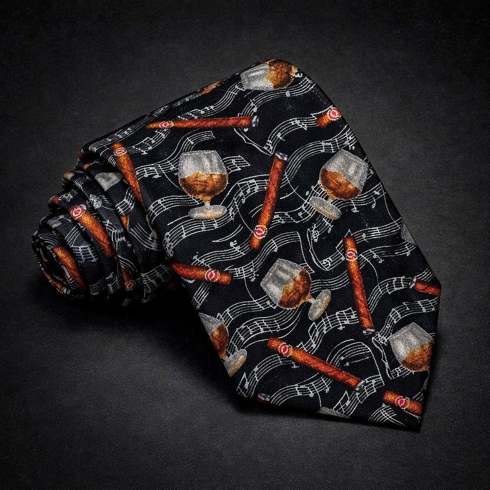 RM Style Ralph Marlin Cigar & Cognac Tie Black Silk Vintage 90s Music USA Lounge